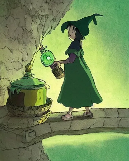 Image similar to a witch brewing a green glowing potion, concept art by studio ghibli, cute, anime : : artstyle of spirited away