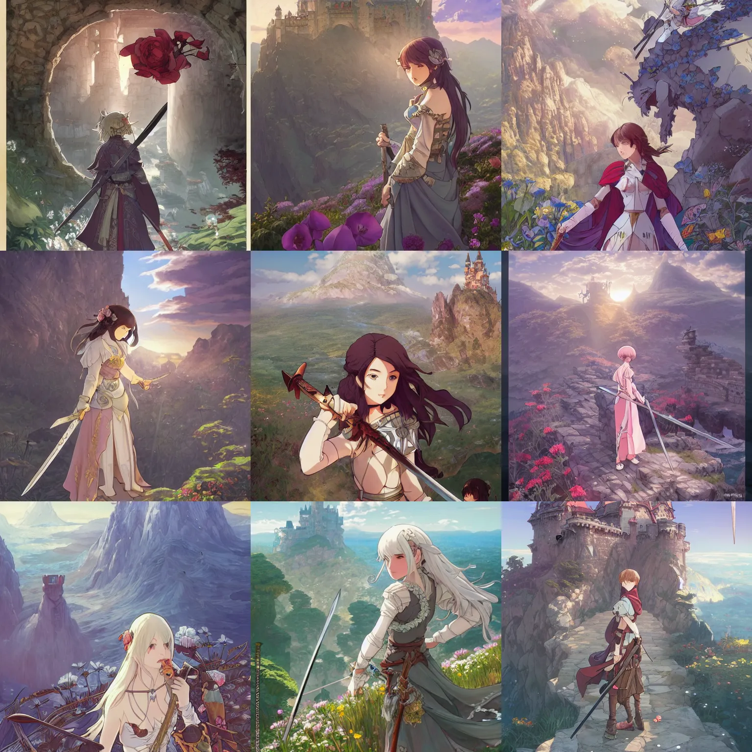 Image similar to the knight and the sword of rose petal, anime, castle core, mountains, rocky roads. by hayao miyazaki and rossdraws and artgerm and greg rutkowski and alphonse mucha and studio ghibli and ilya kuvshinov. high quality, stunning, intricate detailed environment. 8 k