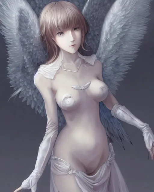 Image similar to range murata, an infinitely detailed portrait of a frail and pale female peace angel elegantly. fully - clothed full - body, beautiful! scenery art!! coherent! by wlop & murata range, victorian armor trim, cold color palette, artstation / pixiv!! elegantly armored angel portrait full - body, dreamy art