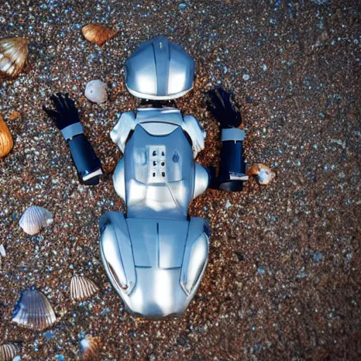 Image similar to shiny robot exoskeleton with a shell inspired by isopods walking across the ocean floor collecting shells, real life, photography, national geographic