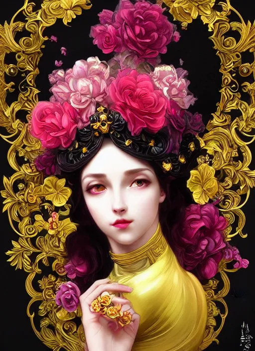 Image similar to beautiful black pink yellow, complicated gold and pink flowers in baroque style headwears, dark fantasy, intricate, elegant, highly detailed, digital painting, artstation, highly saturated colors, concept art, matte, 3 d 8 k octane rendered, sharp focus, illustration, octane rendered, art by artgerm and alphonse mucha, leesha hannigan