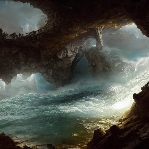 Image similar to an eerie whirlpool, seen from above, in a cave matte painting, fantasy art, by greg rutkowski, by andreas achenbach,