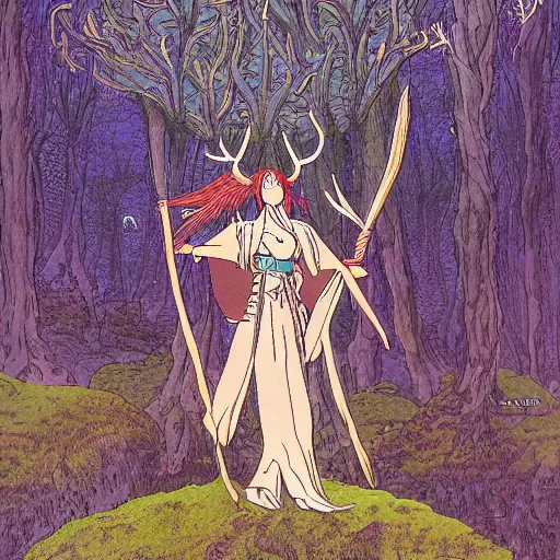Prompt: illustration of a magical tribal sorceress on a huge majestic stag in a forest by hayao miyazaki and jean giraud moebius