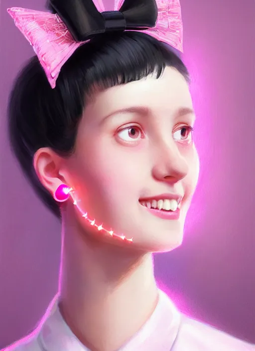 Image similar to portrait of high school girl, realistic, black hair, bangs, half updo hairstyle, pointy nose, skinny, smile, ugly, defined jawline, big chin, pink hair bow, earrings, intricate, elegant, glowing lights, highly detailed, digital painting, artstation, sharp focus, illustration, art by wlop, mars ravelo and greg rutkowski