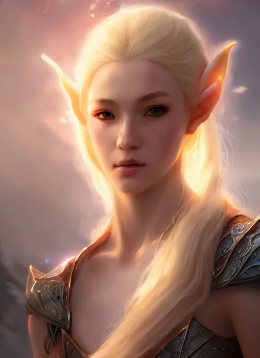 Prompt: Half-body portrait of a beautiful elven princess with blonde hair and luminous aura. In style of Hyung-tae Kim and Greg Rutkowski, concept art, trending on ArtStation, Korean MMORPG, over-detailed art, 8K, epic, dynamic lightning, dramatic pose.