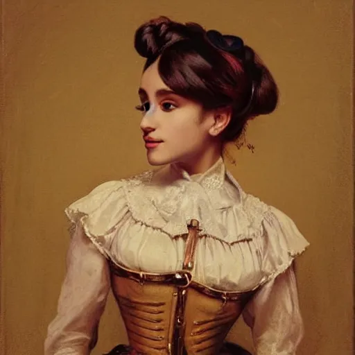 Image similar to Portrait of Ariana Grande in a steampunk blouse, vintage shading, by Ilya Repin