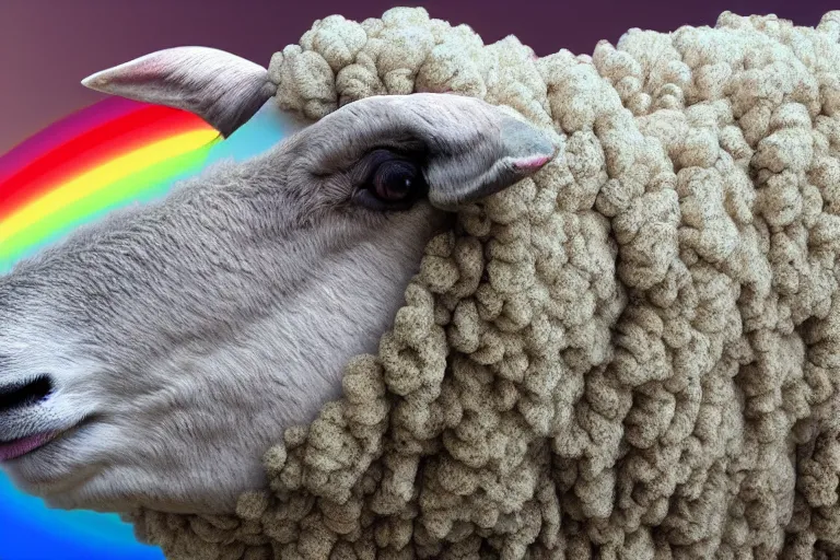 Prompt: a photo of a sheep in the color of the rainbow