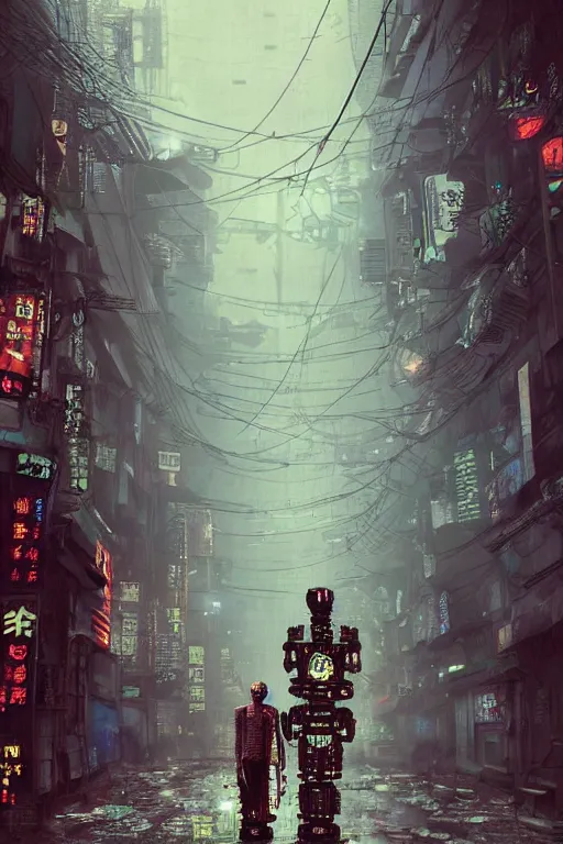 Prompt: vintage autochrome photo of ancient overgrown cyberpunk tokyo with robot by marc simonetti, night, rain, flowers, beautifully lit, hyperdetailed, unreal engine, photorealistic