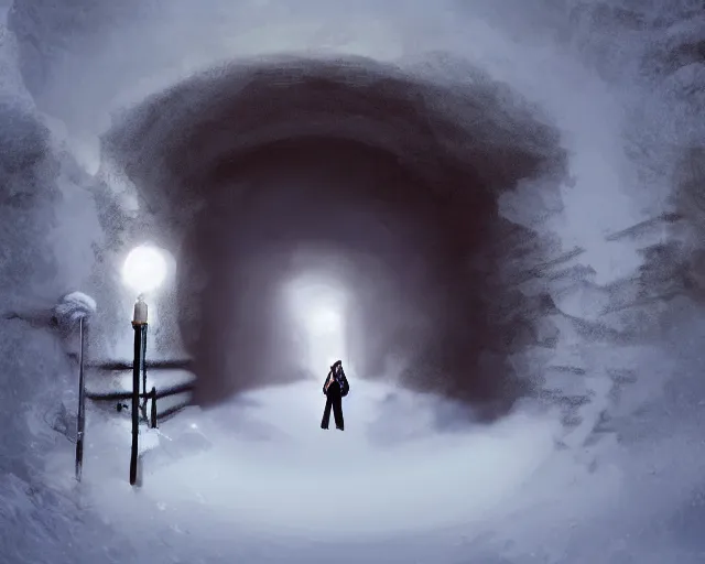 Prompt: A Portal in a snowing tunnel, napoleonic era, digital art, highly detailed, trending on artstation, tense mood