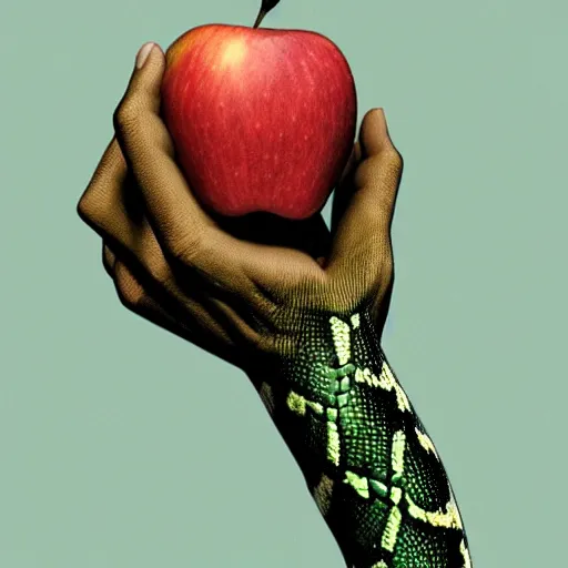 Image similar to hyperrealistic hand with a snake in between the fingers and an apple