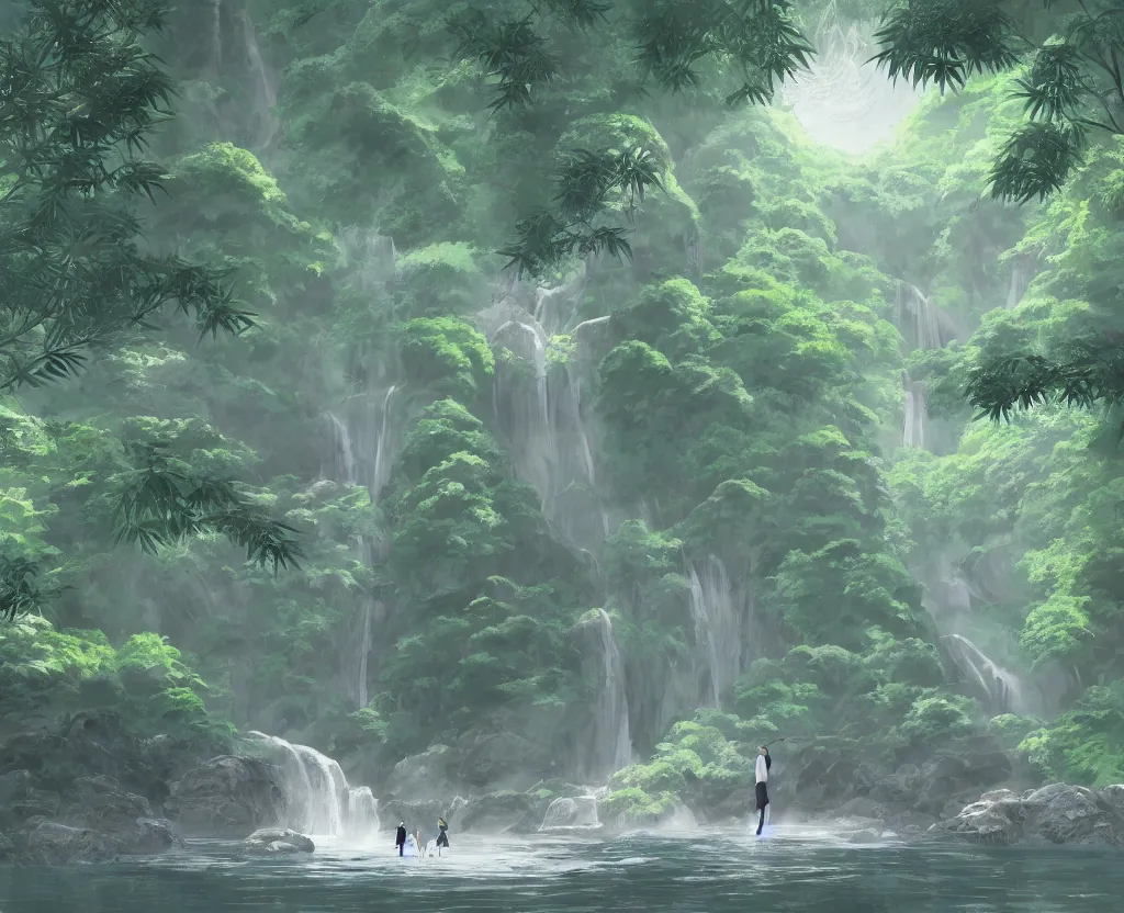 Prompt: two figures grappling in a misty japanese bamboo forest, cell shaded, huge waterfall, large rocky mountain, drawing, stylized anime, sun rays, soft, by hayao miyazaki, ghibli studio, makoto shinkai, toei animation, studio trigger, trending on artstation, 4 k, hd