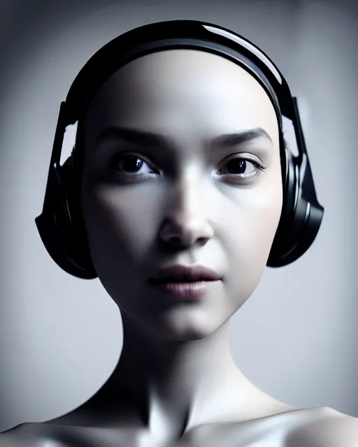 Prompt: black and white dreamy young beautiful female artificial intelligence with a futuristic headset, cinematic, rim light, bokeh, photo - realistic, elegant, high detail, 8 k, masterpiece, photo taken in 1 9 3 0