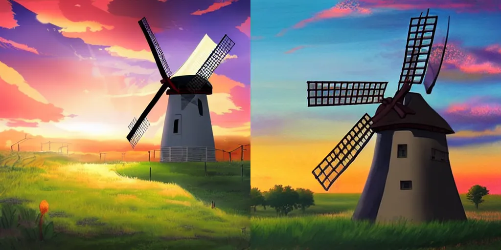 Prompt: An anime landscape with a windmill at sunset.