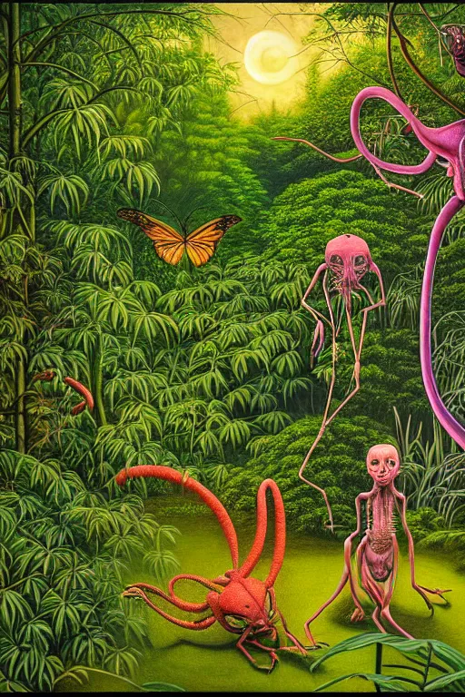 Prompt: a hyperrealistic painting of a tranquil evening at the botanical garden, creatures emerging from the thickets and bushes. cinematic horror by jimmy alonzo, the art of skinner, chris cunningham, lisa frank, richard corben, highly detailed, vivid color,