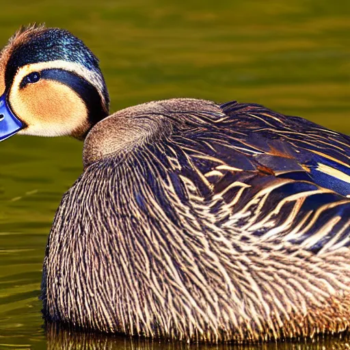 Image similar to a close up photograph of a mallard duck with tiger fur.