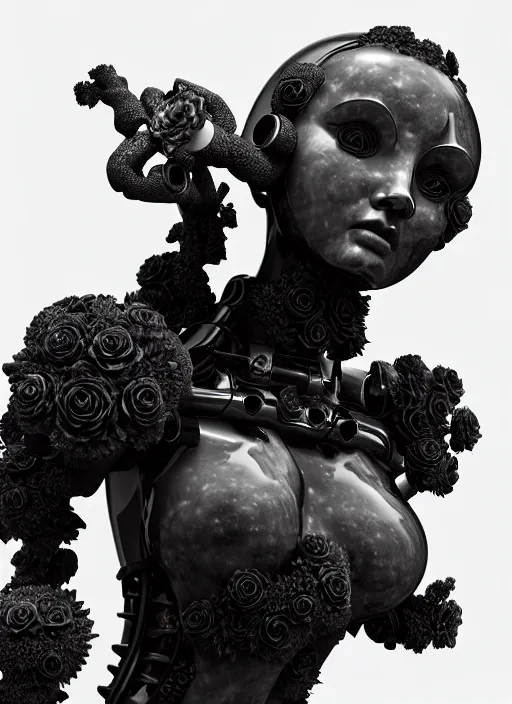 Image similar to biomechanical black marble statue carrying perfume bottle. enchanted coral kingdom made of corals, daisies, roses well contoured smooth fair walls, up close shot, sharp focus, global illumination, radiant light, alexandre ferra white mecha, irakli nadar, octane highly render, 4 k, ultra hd,