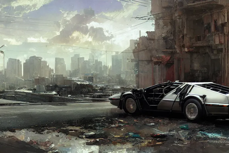 Image similar to photograph of the delorean, with a sleek spoiler, driving down the streets of a cyberpunk abandoned city, by greg rutkowski, by stanley artgerm, by alphonse mucha