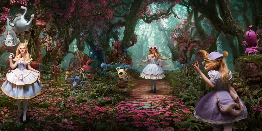 Prompt: an insanely intricate detailed beautifull 3 d render of alice in wonderland, unreal engine, octane render, redshift, 8 k resolution, cell shaded rendering, soft dramatic lighting, cinematic, subsurface scattering, anti aliashing, by disney