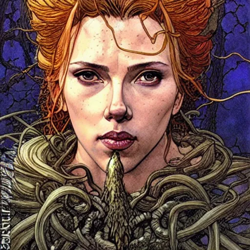 Image similar to a realistic, very beautiful and atmospheric portrait of scarlett johansson as a druidic warrior wizard looking at the camera with an intelligent gaze by rebecca guay, michael kaluta, charles vess and jean moebius giraud