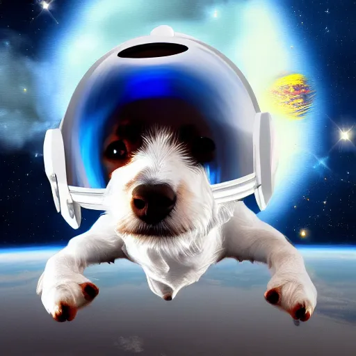 Image similar to white jack russell terrier, flying in space in a helmet, photorealism, digital painting, 4 k