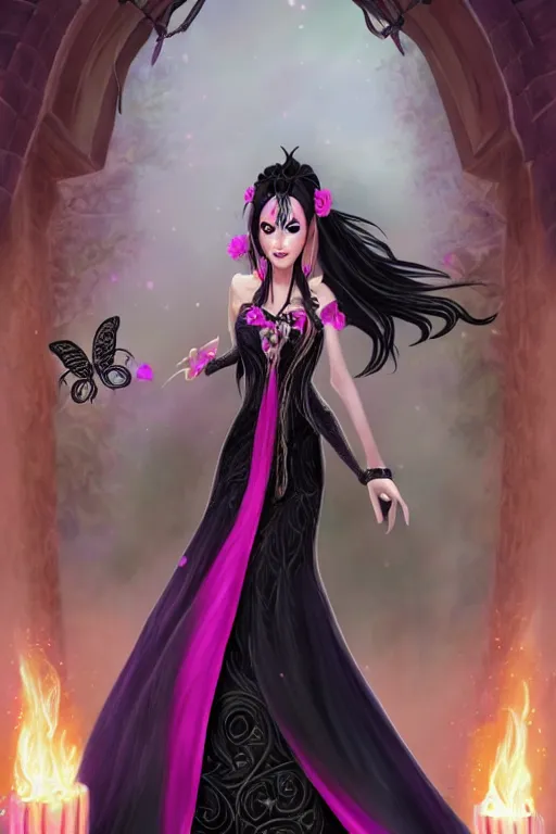 Prompt: Full body Portrait of a beautiful songtress, 30 years old, black and pink dress, long black hair, straight hair, dark Blue eyes, singing for you, butterfly motif, castle background, extremely detailed face, high fantasy, magic music, dungeons and dragons, important: No extra arms or hands, no extra characters, solitary, blizzard entertainment, industrial light and magic, pixar, matte painting, mucha, trending on Artstation, artstationHD, artstationHQ, octane, cgsociety, HD, 16K