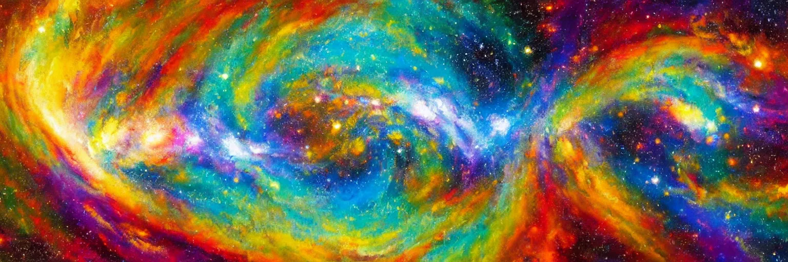 Image similar to an oil painting of hyper realistic galaxy colliding, colourful