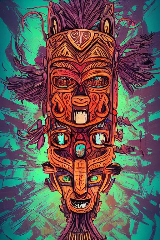 Image similar to totem animal tribal chaman vodoo mask feather gemstone plant wood rock video game illustration vivid color borderlands by josan gonzales and dan mumford radiating a glowing aura