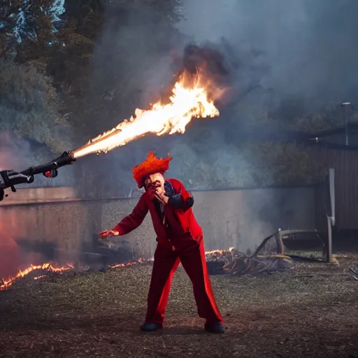 Image similar to photo of a clown using a flamethrower. In the background there is a fire. award-winning, highly-detailed, 8K