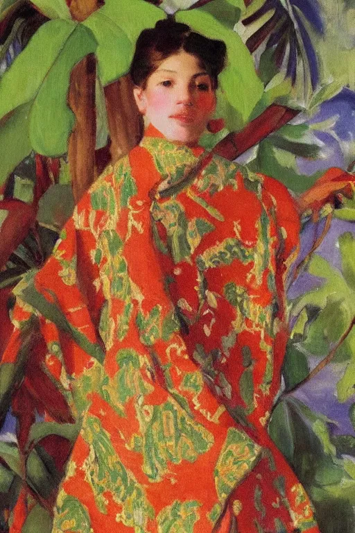 Image similar to a girl with arabesque red and green and golden detailed scarf on persian carpet, mexican palms in back, painting by john singer sargent