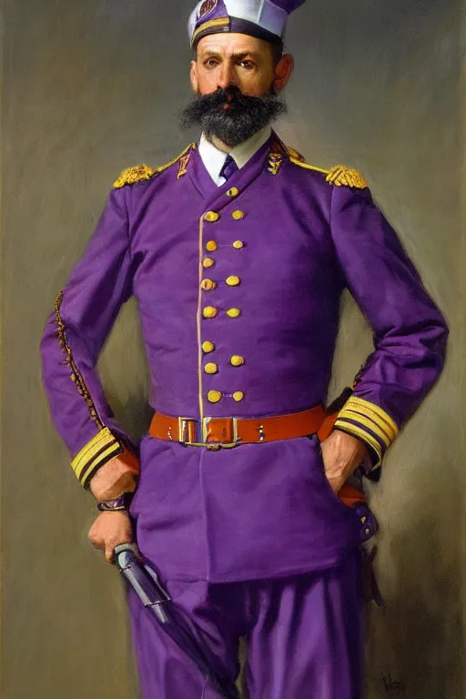 Prompt: full body portrait of the dictator of the sacramento kings, 1 8 8 9, in full military garb, purple, silver, oil on canvas by william sidney mount, trending on artstation