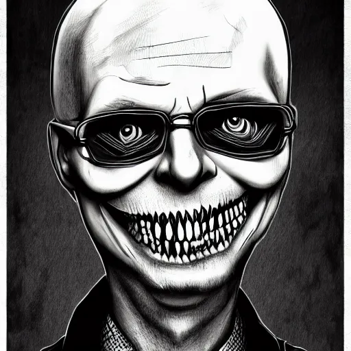 Image similar to grunge drawing of Klaus Schwab in the style of jack skellington and Jacob Shaw,creepy, surreal, trending on artstation, bold and vivid colour