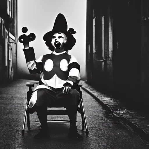 Image similar to an old black & white 5 0 mm close up portrait of a man dressed up as a clown holding a playstation controller while seated in a chair, in a dark foggy alley