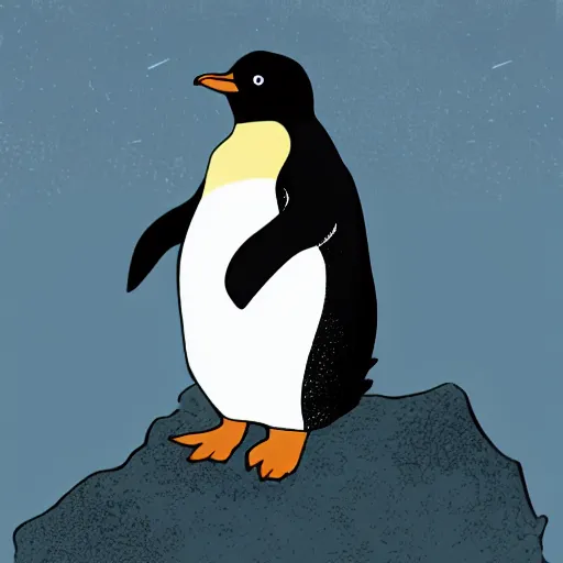 Image similar to A penguin on a icy cliff dressed as a gothic emo. Illustration