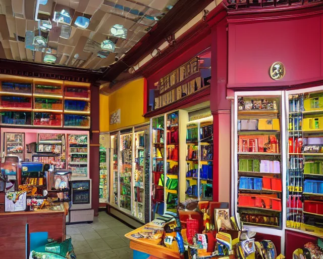 Prompt: color shot interior of an inconvenience store