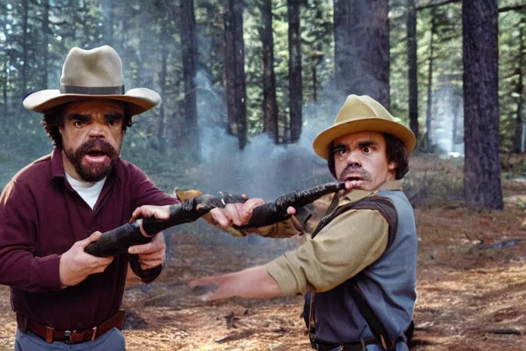 Prompt: peter dinklage holding a flare fighting smokey the bear, movie still, from the new sleepaway camp movie, 8 k, realistic