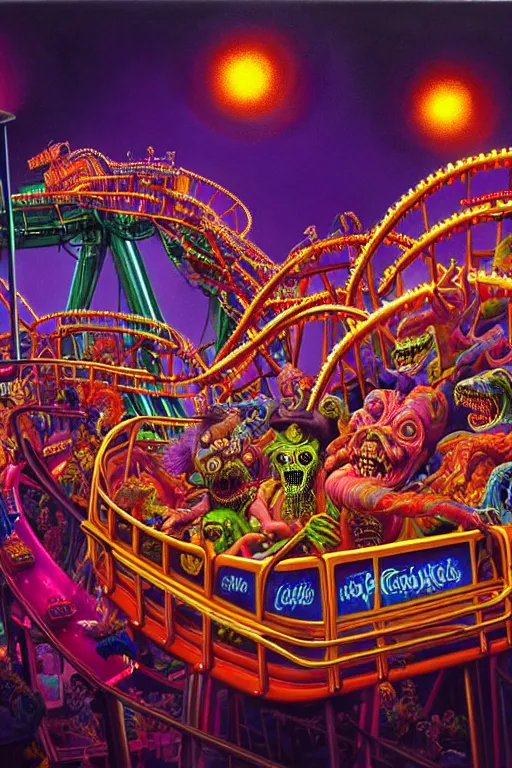 Image similar to a hyperrealistic detailed painting of an ornate carnival with glowing lights, colorful, chimeric mutant horror creatures riding a rollercoaster. scary funhouse, cinematic lighting, depth perspective, depth of field, cinematic angle, by chris cunningham and richard corben, highly detailed, vivid color,