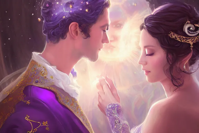 Image similar to a dreamlike cinematic portrait of wedding photograph close up moment of a divine a russia sun god and moon goddess lovers magician at a wedding banquet. portraiture. digital painting. artstation. concept art. fantasy wedding photo. digital painting, 8 k realistic, hyper detailed, violet evergarden art masterpiece by art by krenz cushart