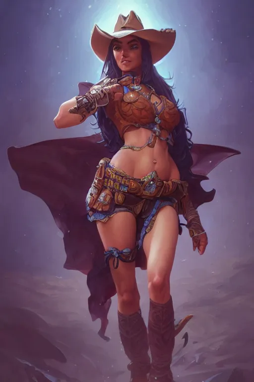 Image similar to beautiful female cowgirl, full body shot, d & d, fantasy, intricate, elegant, highly detailed, digital painting, artstation, concept art, matte, sharp focus, illustration, hearthstone, art by artgerm and greg rutkowski and alphonse mucha