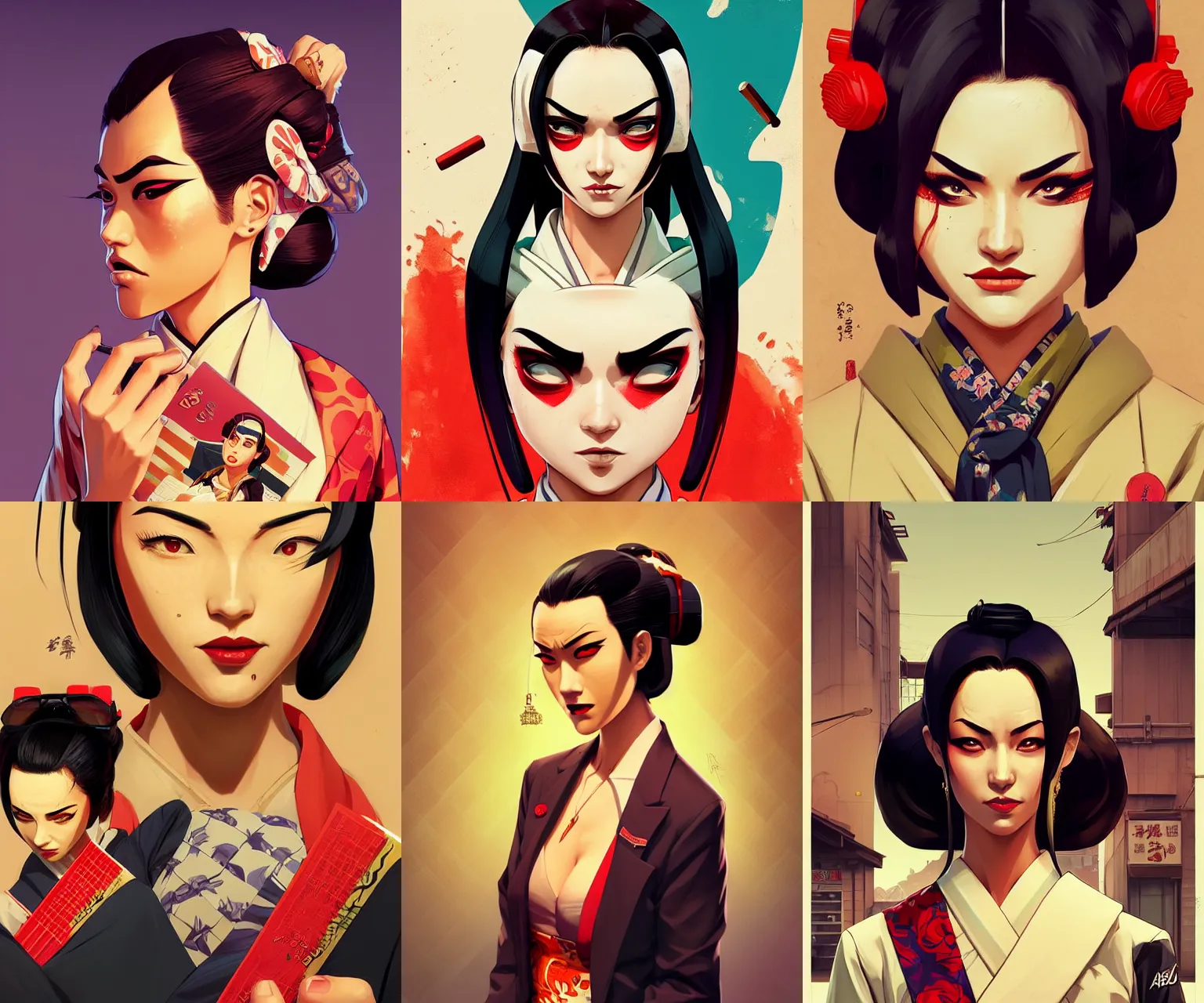 Prompt: portrait of an geisha mobster, gta san andreas cover art, borderlands style, celshading, trending on artstation, by rhads, andreas rocha, rossdraws, makoto shinkai, laurie greasley, lois van baarle, ilya kuvshinov and greg rutkowski