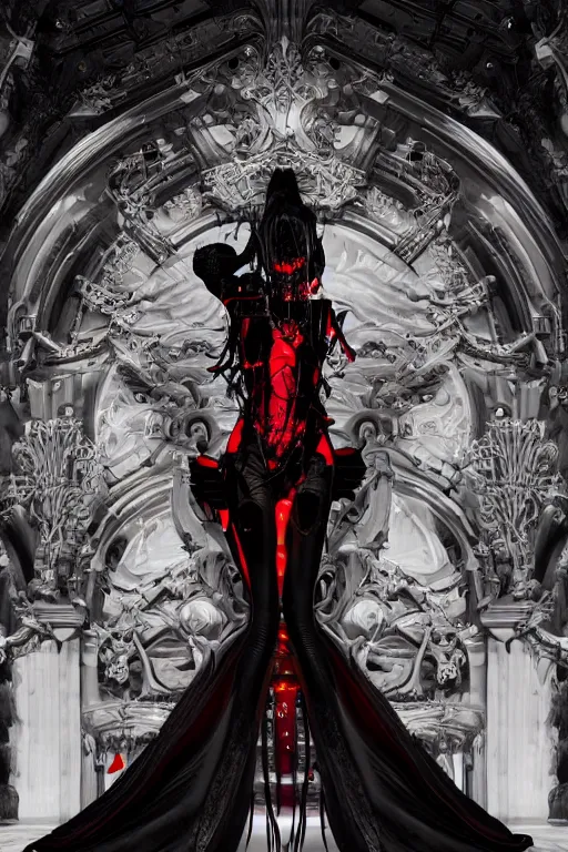 Image similar to full-body cyberpunk style sculpture of a young beautiful dark priestess, half android with a head opening exposing circuitry. glowing red eyes, black roses, flowing blood-red colored silk. fabric, candles. baroque elements. human skull. full-length view. baroque element. intricate artwork by Caravaggio. crows flying in background. Trending on artstation, octane render, cinematic lighting from the right, hyper realism, octane render, 8k, depth of field, 3D