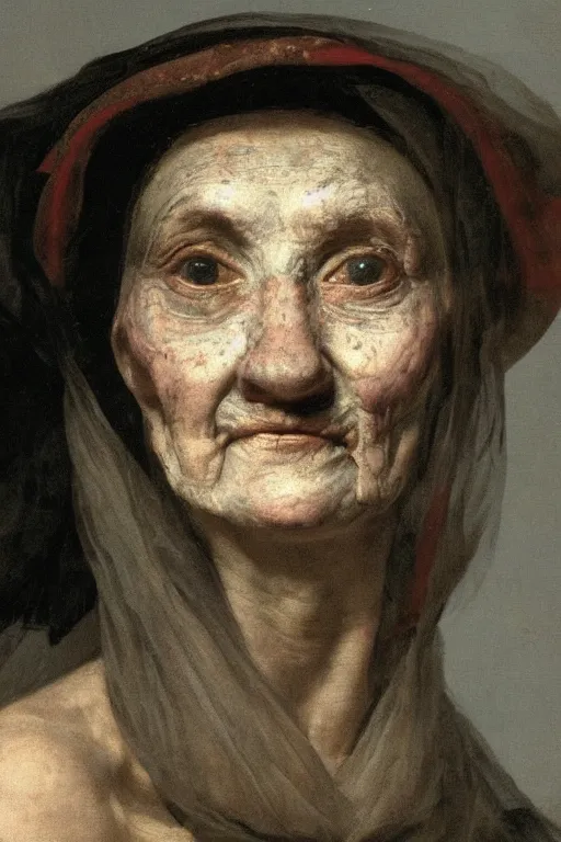 Image similar to hyperrealism extreme close-up portrait of medieval female with with leprosy, with mustache, pale skin, wearing cylinder hat, in style of Francisco Goya