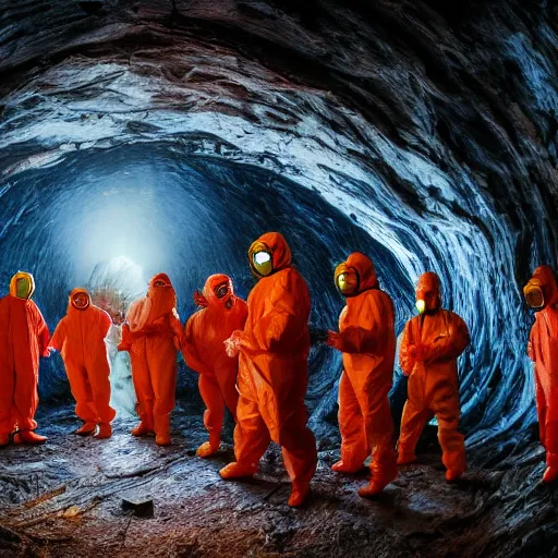 Image similar to wide - shot photo of a group of scientists in hazmat suits, studying a hell open rift portal, by shaun tan, codachrome, hellish, unsettling, otherworldly, blood, machines, 8 k, hd, highly detailed,