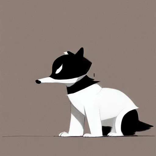 Image similar to Goro Fujita illustrating a beautiful black and white fluffy dog, with big ears on a plain background, art by Goro Fujita, sharp focus, highly detailed, ArtStation