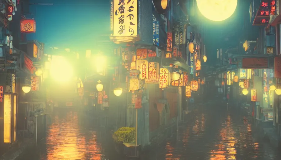 Prompt: A film still from a 1990s Sailor Moon cartoon featuring a moody street in Japan with a waterfall and lanterns, golden hour, cinematic look, film grain, high detail, high resolution, 8k