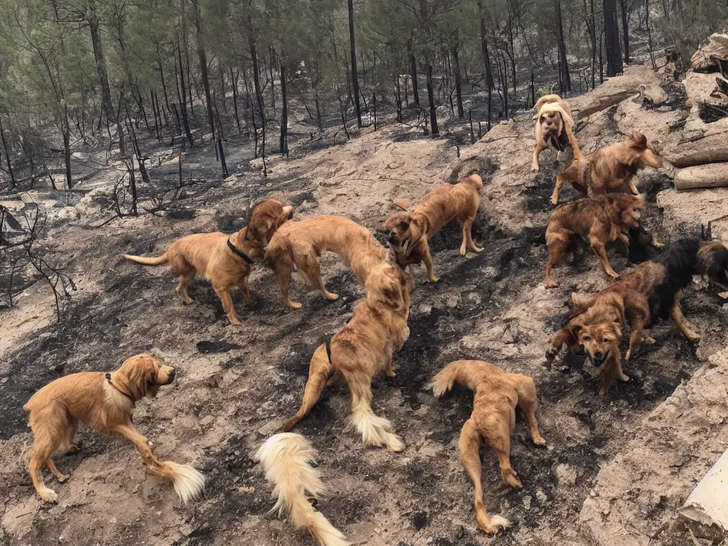 Image similar to Team of three differently sized dogs escaping a collapsing rich villa building situated near a cliff in a forest being consumed by a wildfire, climate change, dramatic, birdseye view