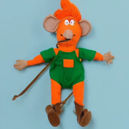 Prompt: small orange humanoid mouse marionette wearing green overalls and a peter pan hat