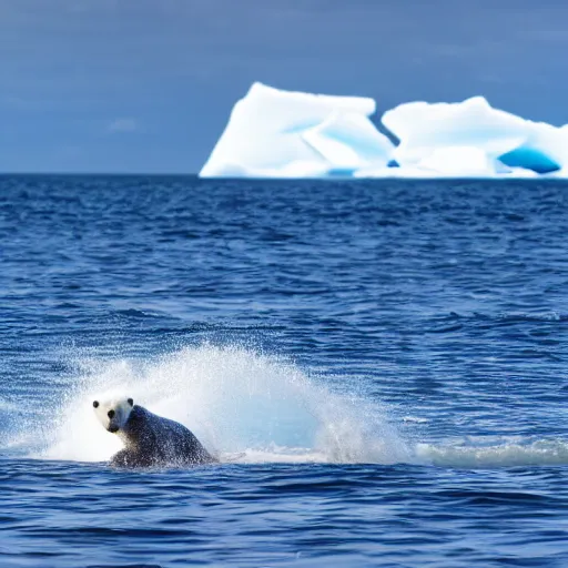 Image similar to polar bear surfing, iceberg in background, ultra realistic, award winning dslr photography, global illumination, radiant lighting