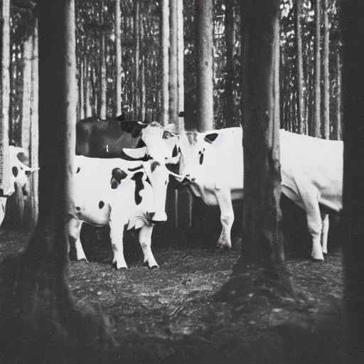 Prompt: polaroid photograph of several cows looking at the camera, in creepy forest, night, eyes glowing from camera flash