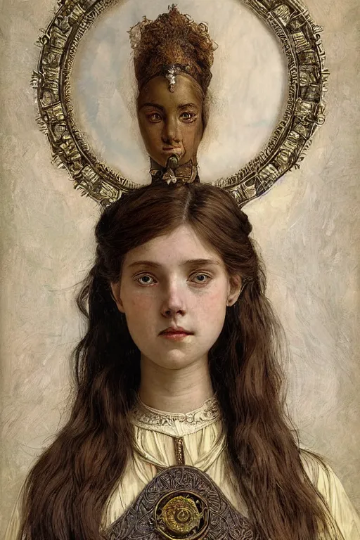 Prompt: a head and torso art nouveau portrait of a 16-year old sun goddess who resembles Anne of Green Gables with a worried, intense gaze and slightly opened mouth, ornate intricate mother-of-pearl battle armor, intricate, elegant, highly detailed, digital painting, artstation, concept art, smooth, sharp focus, illustration, art by John William Waterhouse and Bouguereau and Donato Giancola and alphonse mucha