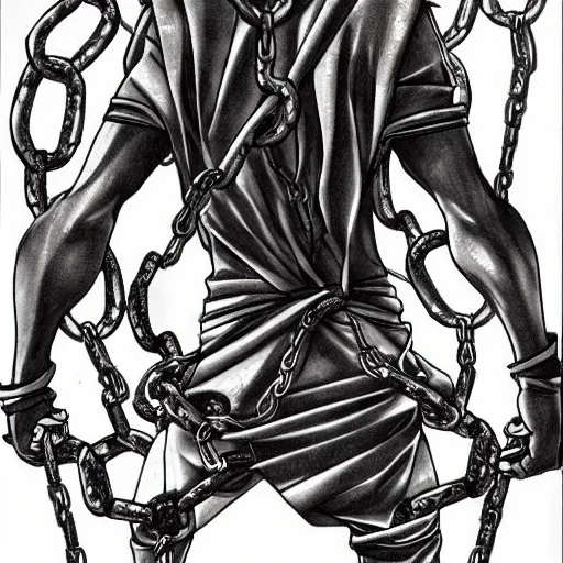 Image similar to A FULL BODY PORTRAIT FROM BEHIND OF UCHIHA ,THE MAN KEEPS A KUSARIGAMA AND IT IS WRAPPED IN CHAINS ,detailed, concept art, ink style , sketch